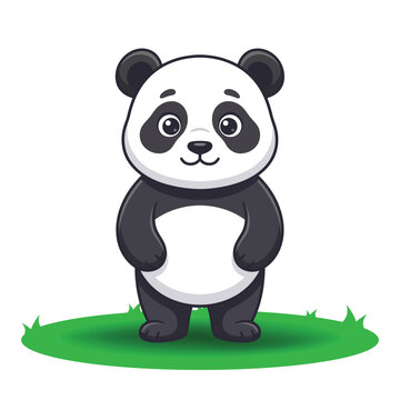Cute cartoon panda bear standing on green grass isolated on a white background vector illustration
