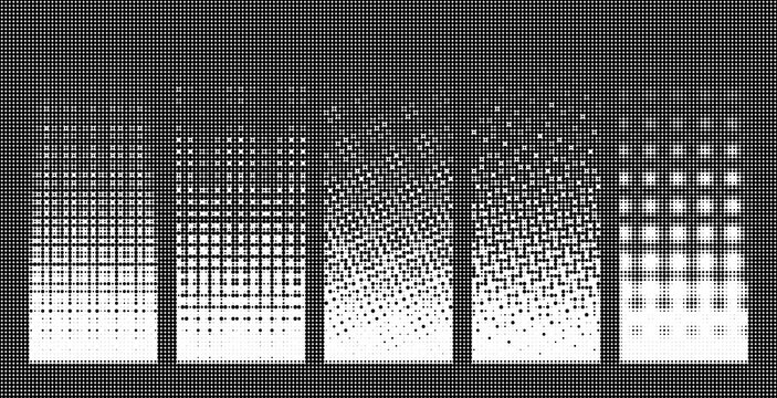 Set of five vertical halftone banners with different dot patterns and gradients, abstract monochrome design elements