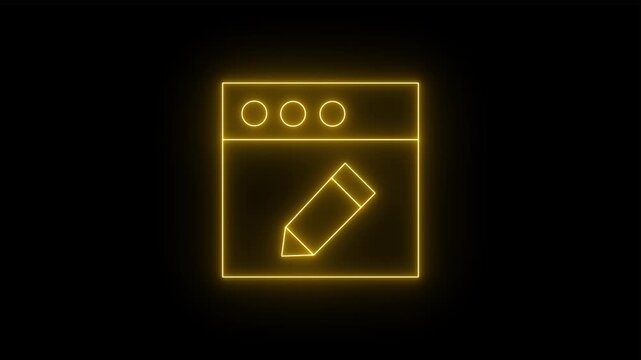 Glowing neon icon of a browser window featuring a pencil icon centered inside against a black background. Animated web design, content editing, website development.