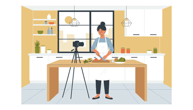Professional culinary blogger cuts fresh vegetables in her modern kitchen while recording on a tripod camera.