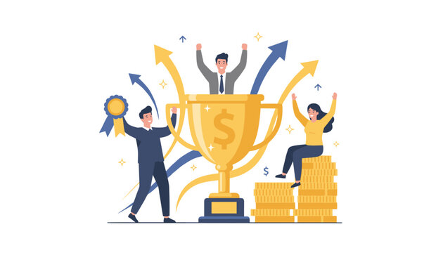 Joyful business team celebrating an outstanding achievement around a giant golden trophy next to stacks of coins.