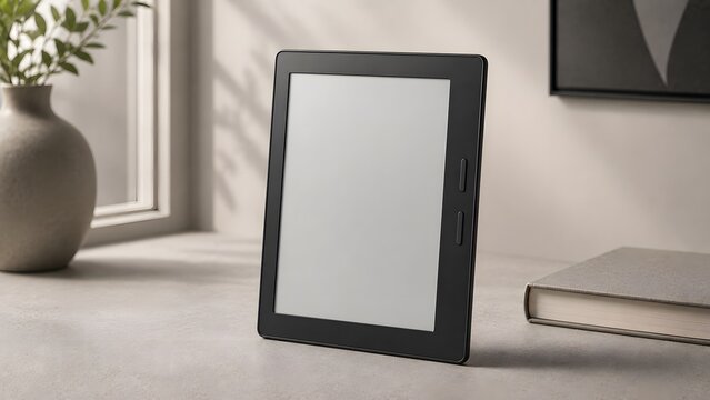 Mockup of black electronic e-reader device standing on a minimalist desk surface inside a bright interior