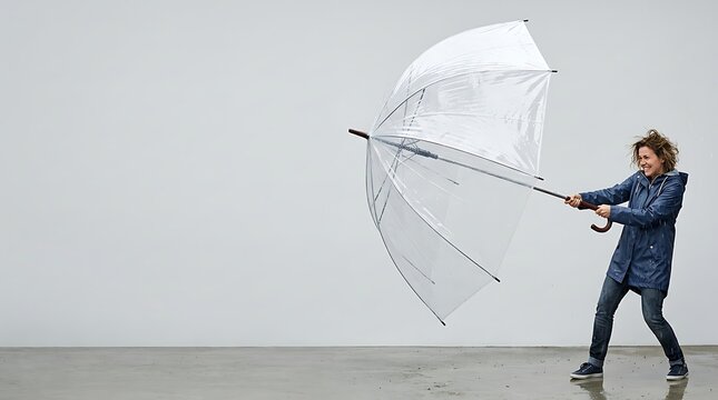 A woman struggling to hold her transparent umbrella against a strong gust of wind.
