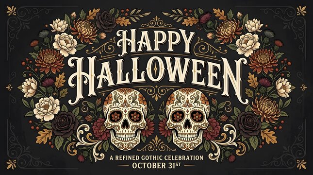 Happy halloween typography design featuring ornate sugar skulls surrounded by dark vintage floral arrangements and intricate filigree on black backgrounds