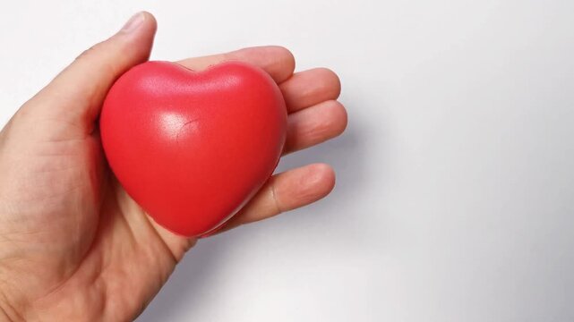 Hand holding red heart-shaped object against white background  