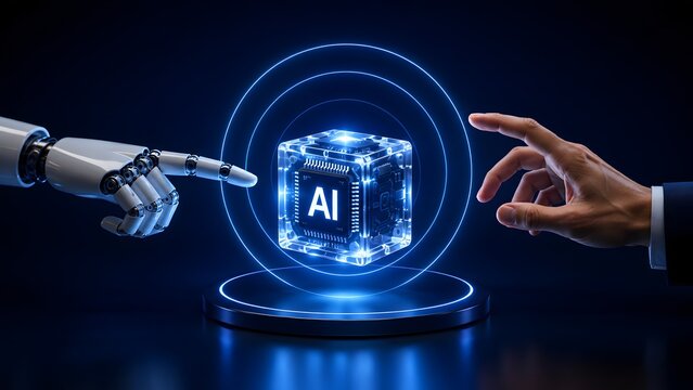 Robot and human hands pointing at glowing artificial intelligence processor cube for human machine collaboration concept