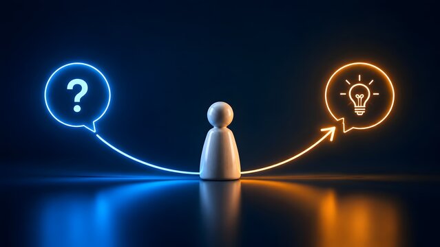 Wooden peg figure connecting blue question mark to orange glowing lightbulb for business problem solving and creative idea generation