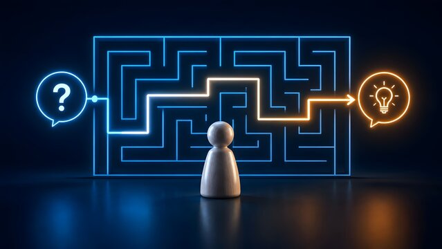 Wooden figure navigating complex glowing maze from question mark to lightbulb for business strategy and problem solving