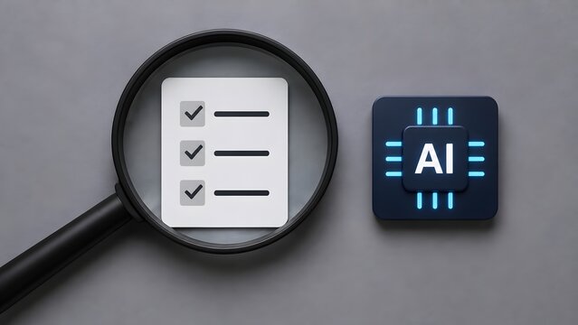 Magnifying glass examining checklist document next to artificial intelligence microchip for automated audit and compliance review