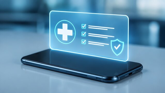 Digital healthcare medical insurance application concept with cross checklist and secure shield hologram on smartphone