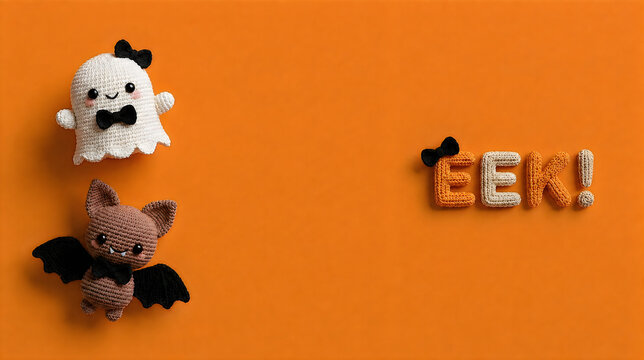 Premium Handmade felt Halloween characters on an orange background. Cute ghost and bat plushies with EEK text. Festive seasonal craft banner. Halloween Typography. 