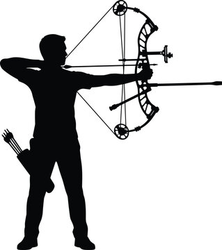 Detailed black silhouette of an archer holding a compound bow and arrow ready for shooting