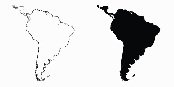 Outline and silhouette map of South America continent vector illustration for geography.