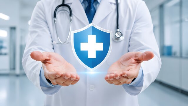 Doctor in white coat holding glowing medical shield with cross for healthcare insurance and patient safety