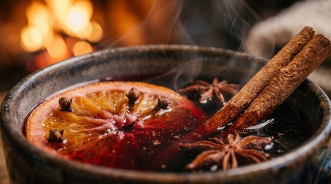 Mulled wine with orange slices and cinnamon in a rustic setting  