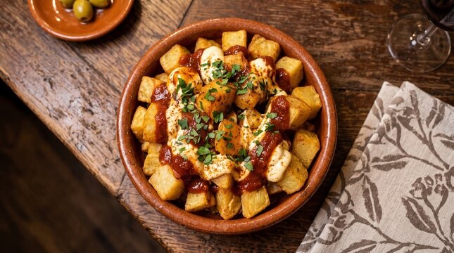 Patatas bravas with sauce and herbs in a terracotta bowl  