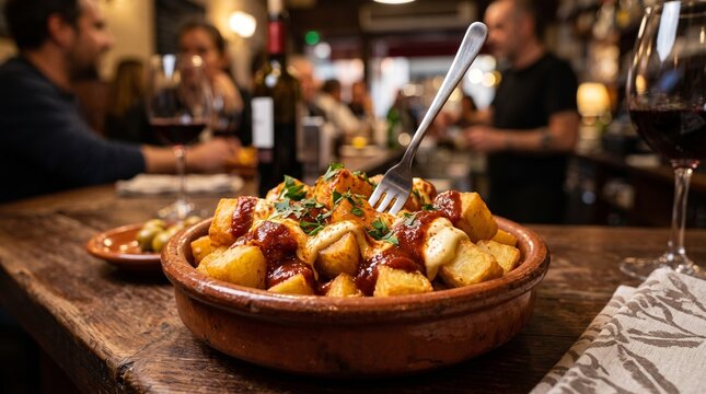 Patatas bravas served in a bowl with fork in a cozy restaurant  
