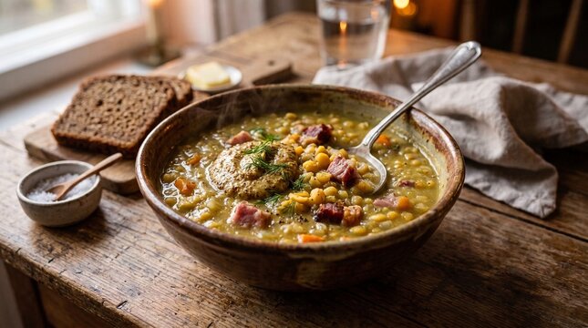 Pea soup with rye bread served in a rustic kitchen setting  