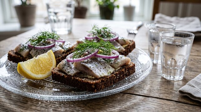 Pickled herring on rye bread served with lemon and dill in a cozy setting  