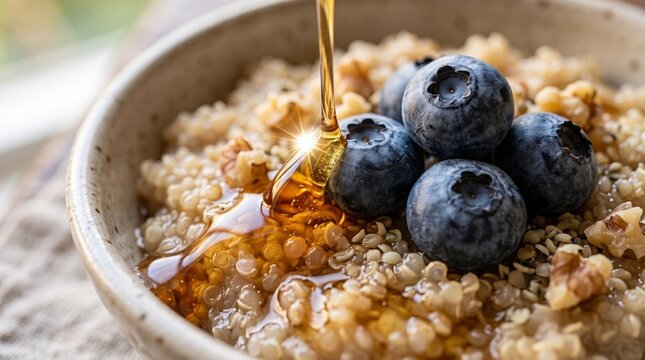 Quinoa porridge topped with blueberries and drizzled with honey  