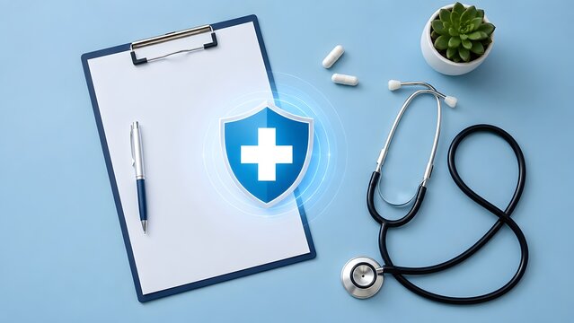Blank medical clipboard with stethoscope pills and glowing healthcare shield hologram for health insurance policy and patient data security