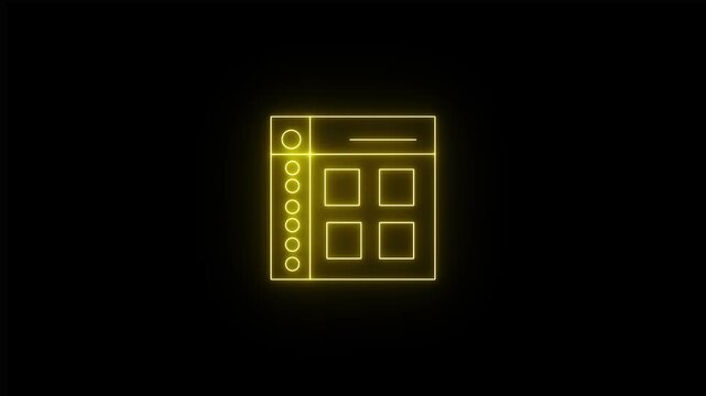 A bright neon yellow application software UI featuring a vertical left sidebar filled with navigation dots against a black background, and a main window grid layout displaying square content tiles.