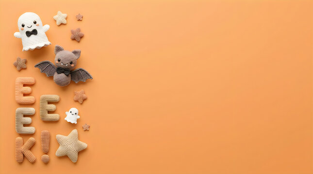 Premium Halloween flat lay with felt ghost and bat characters. Spooky EEK text on an orange background. Cute seasonal craft decor for holiday cards. Halloween Typography. 