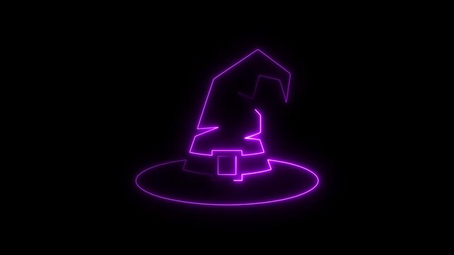 Neon purple outline of a witch hat with a buckle on a black background