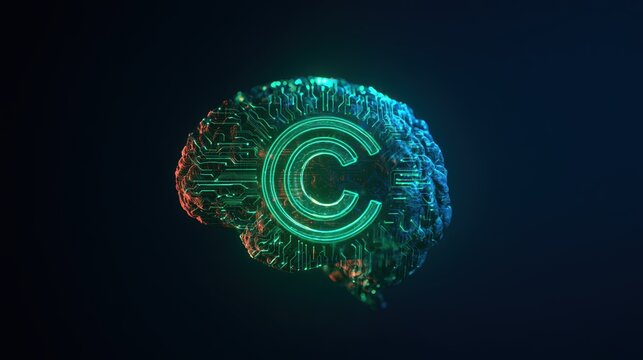Glowing copyright symbol with brain circuit, intellectual property concept
