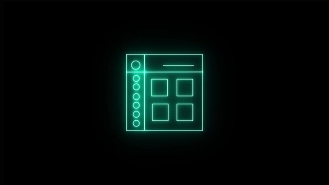 A bright neon green application software UI featuring a vertical left sidebar filled with navigation dots against a black background, and a main window grid layout displaying square content tiles.