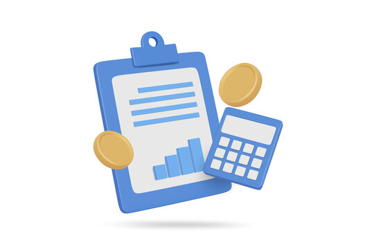 3d render financial document clipboard with growing bar chart graph calculator and gold coins icon isolated on transparent background for business investment accounting tax budget report concept
