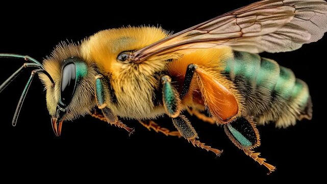 Macro Close-up of a Fuzzy Bumblebee with Metallic Turquoise Highlights