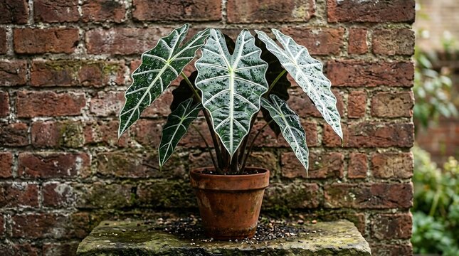Potted tropical houseplant with glossy arrowhead leaves against brick wall