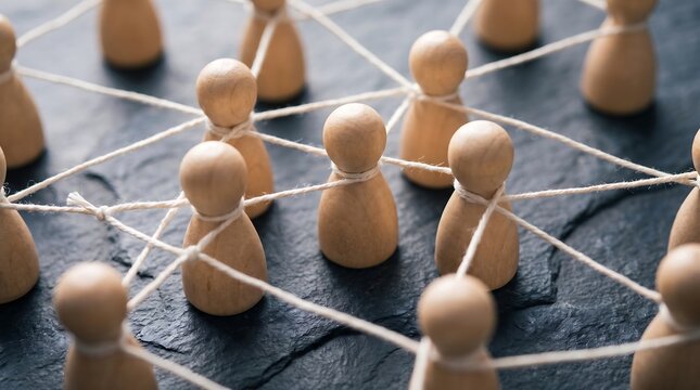 Wooden figures connected by white strings representing a social network or business communication structure on dark background