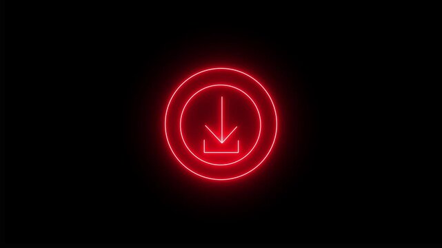 Glowing Red Neon Download Arrow Icon Inside Double Circle Symbolizing Data Transfer Storage File Save Import Digital Content Concept on Black Background.