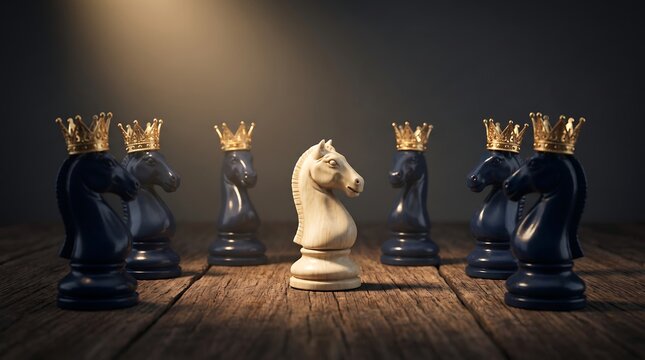 A single white knight chess piece standing alone against several black chess pieces on a wooden board