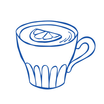 Minimalist hand-drawn line art illustration of a ceramic tea cup. Vector drawing of a hot drink with a lemon. Outline clipart for tea shop logo, stickers, cafe menu, or print designs. 