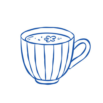 Cozy hand-drawn line art illustration of a ceramic tea cup. Outline vector clipart for tea shop branding, logos, stickers, cafe menu, or print designs. Minimalist drawing of a hot herbal drink.