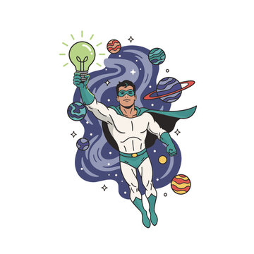 Superhero holding eco-friendly lightbulb in space, planets