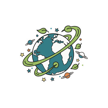 Stylized globe with green leaves and planets in orbit