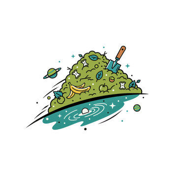 Compost pile with garden tools in space, planets and galaxy