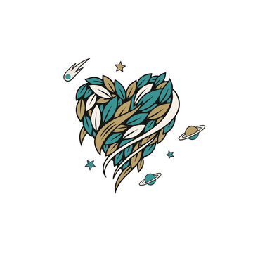 Heart shape formed by green and gold leaves in space