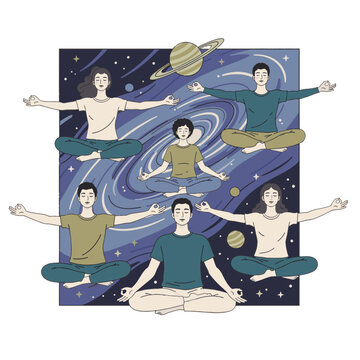 Group meditating in cosmic background, flat vector illustration