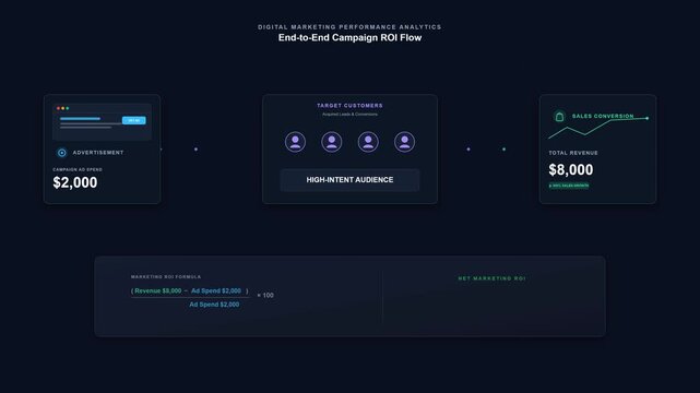 Modern financial analytics dashboard showing digital marketing campaign performance, return on investment, and revenue flow in a dark UI interface