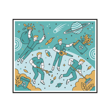 Vector illustration of people cleaning park with space elements