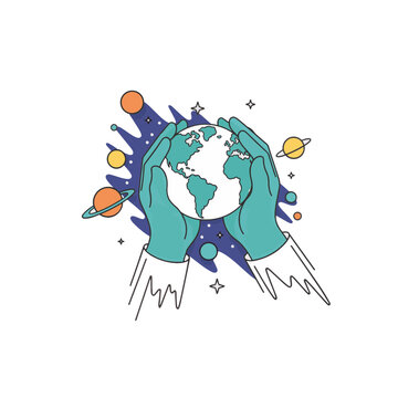 Hands cupping Earth globe in cosmic background, flat vector