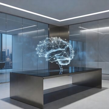 modern interior design The image shows a futuristic, modern office interior featuring a glowing digital brain made of interconnected lines and nodes, floating above a sleek black glass table. The brai