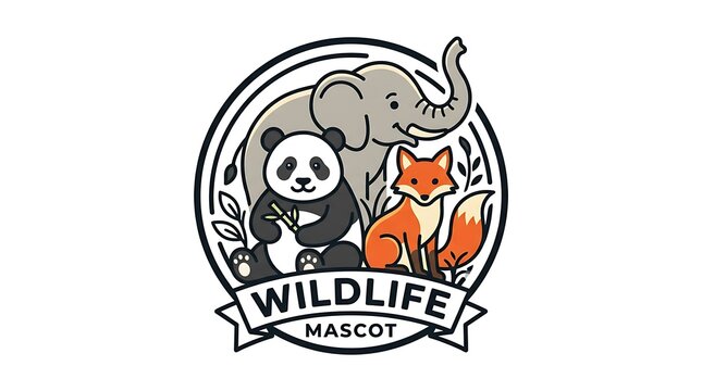 Wildlife emblem featuring cartoon panda elephant and fox characters within circular border design on white background