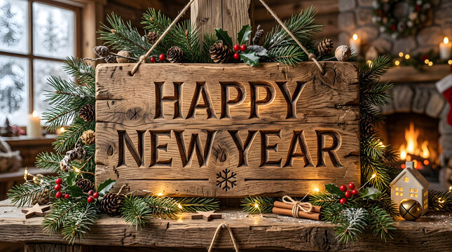 Rustic wooden sign with engraved Happy New Year text surrounded by festive pine branches and christmas decorations transparent background