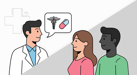 Fototapeta premium Doctor Consults Couple About Medical Treatment and Prescription Drugs